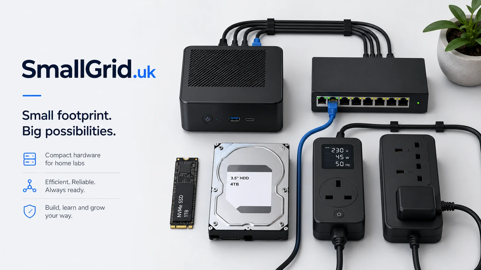 SmallGrid home lab equipment layout with a mini PC, network switch, storage, power meter, and cables