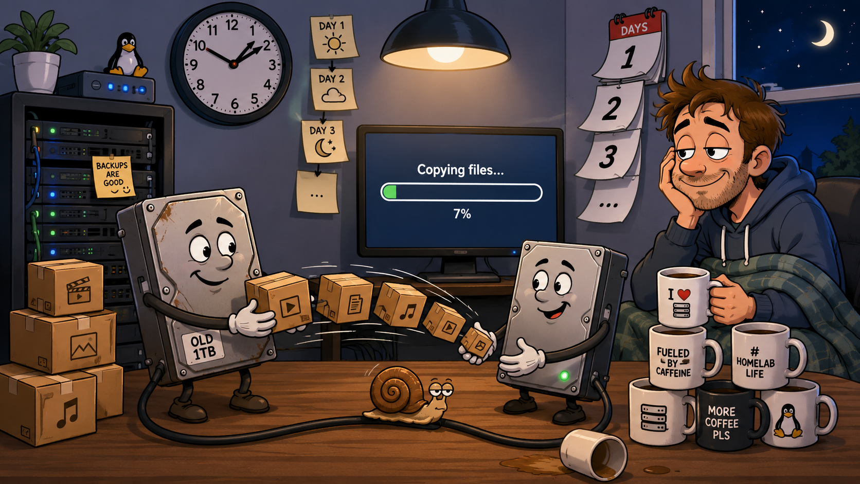 Cartoon homelab desk with Jellyfin working successfully